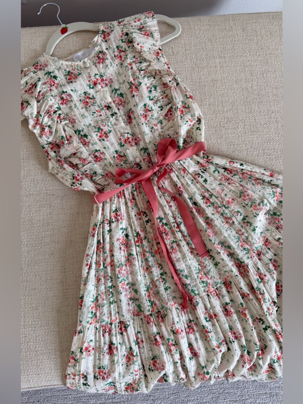 Cream Floral Girls' Dress with Pink Ribbon Belt